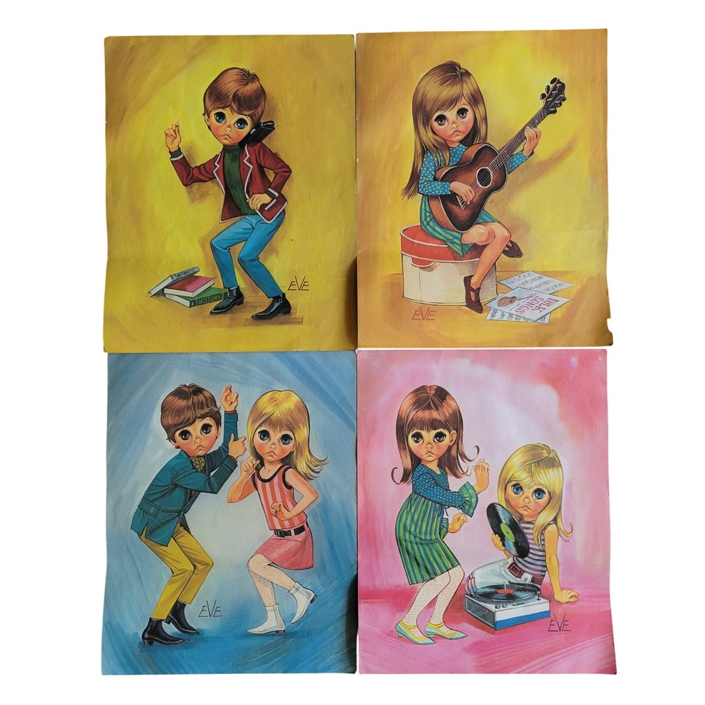 Vtg Eve Big Eye Art Prints Musical Dancing Set of 4 MCM Mod Kids 1960s Retro